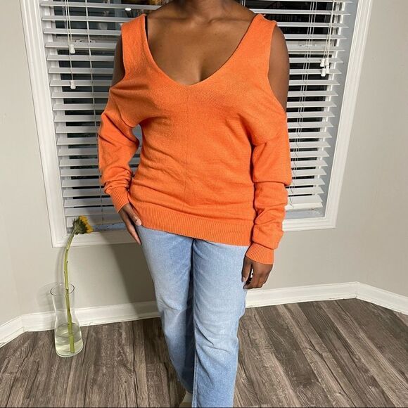 Vintage Orange Cutout Cold Shoulder Double V neck Sweater - Picture 4 of 12